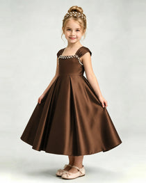 Dideyttawl Champagne Girls Formal Dress Cap Sleeve Pearl Satin Midi Ball Gown
