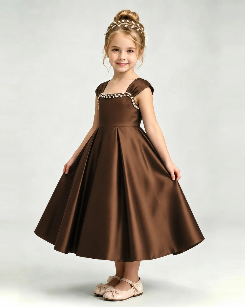 Chocolate Satin A-line Girls Formal Dress Front View