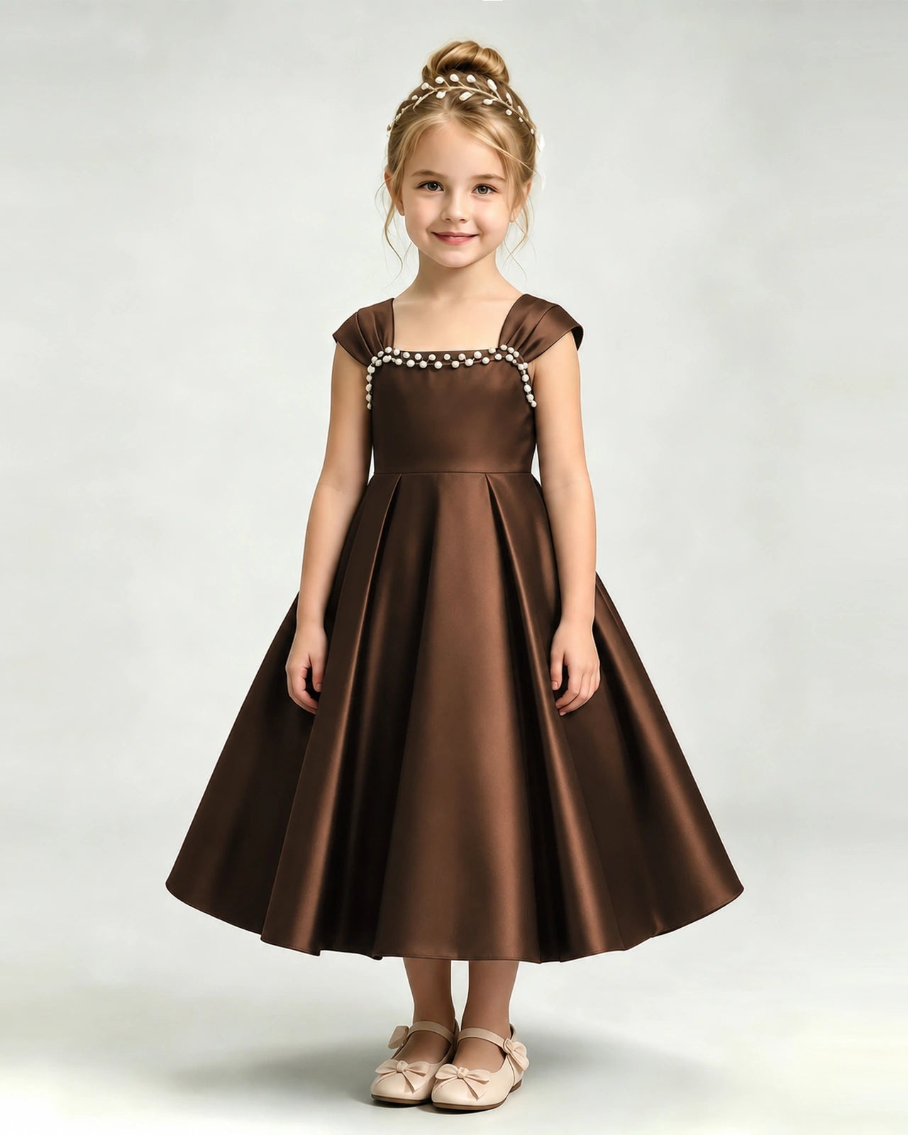 Dideyttawl Champagne Flower Girl Dress | Cap Sleeve Pearl Satin Midi Ball Gown
