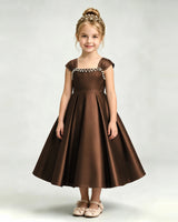 Chocolate Satin A-line Girls Formal Dress Front View