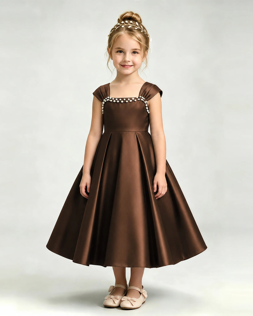 Chocolate Satin A-line Girls Formal Dress Front View