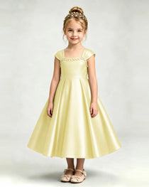Dideyttawl Champagne Girls Formal Dress Cap Sleeve Pearl Satin Midi Ball Gown