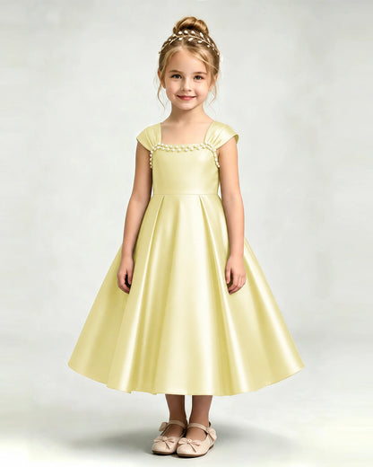Dideyttawl Champagne Flower Girl Dress | Cap Sleeve Pearl Satin Midi Ball Gown