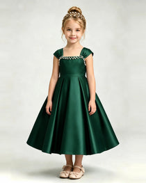 Dideyttawl Champagne Girls Formal Dress Cap Sleeve Pearl Satin Midi Ball Gown
