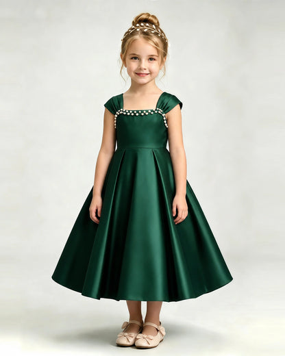Dideyttawl Champagne Flower Girl Dress | Cap Sleeve Pearl Satin Midi Ball Gown