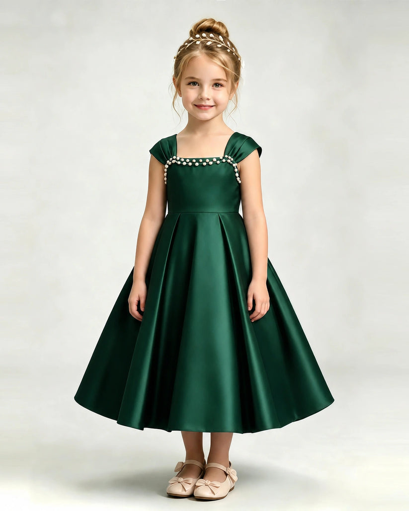 Dark Green Satin A-line Girls Formal Dress Front View