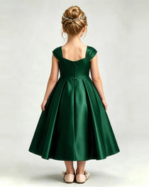Dideyttawl Champagne Girls Formal Dress Cap Sleeve Pearl Satin Midi Ball Gown