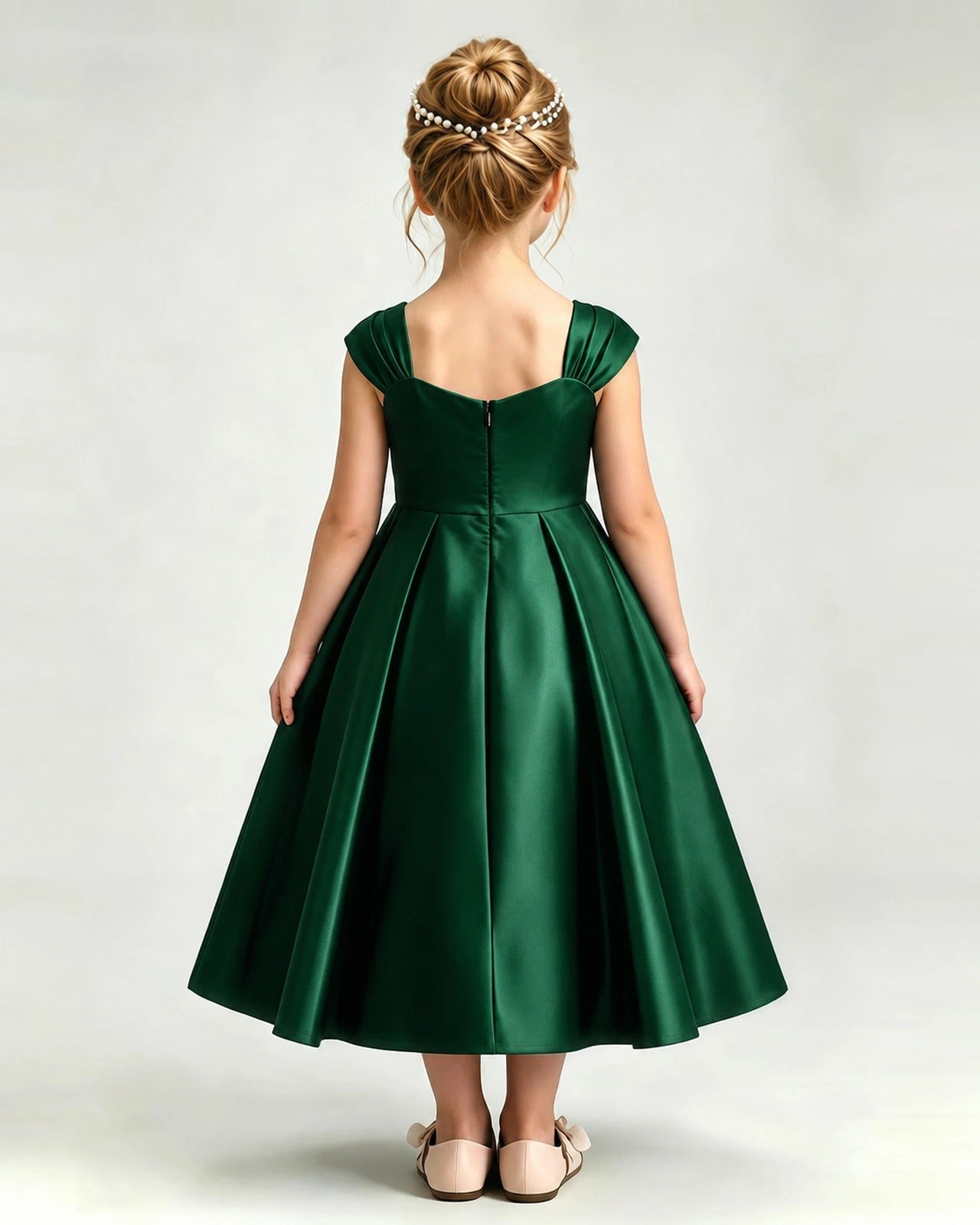 Dideyttawl Champagne Girls Formal Dress Cap Sleeve Pearl Satin Midi Ball Gown