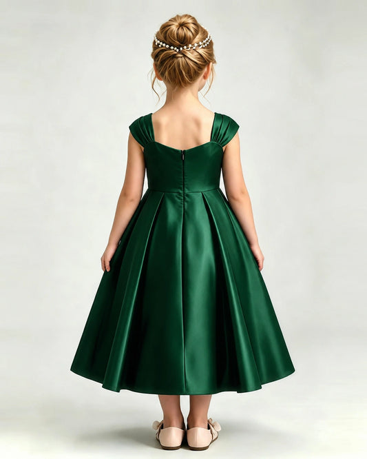 Dark Green Satin A-line Girls Formal Dress Back View