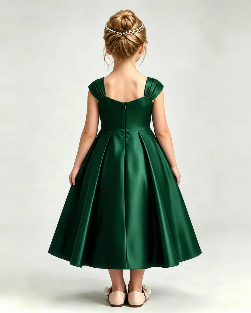 Dark Green Satin A-line Girls Formal Dress Back View