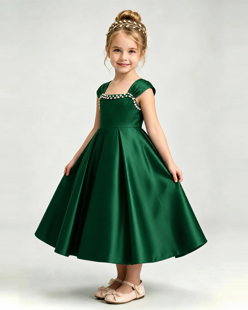Dark Green Satin A-line Girls Formal Dress Front View