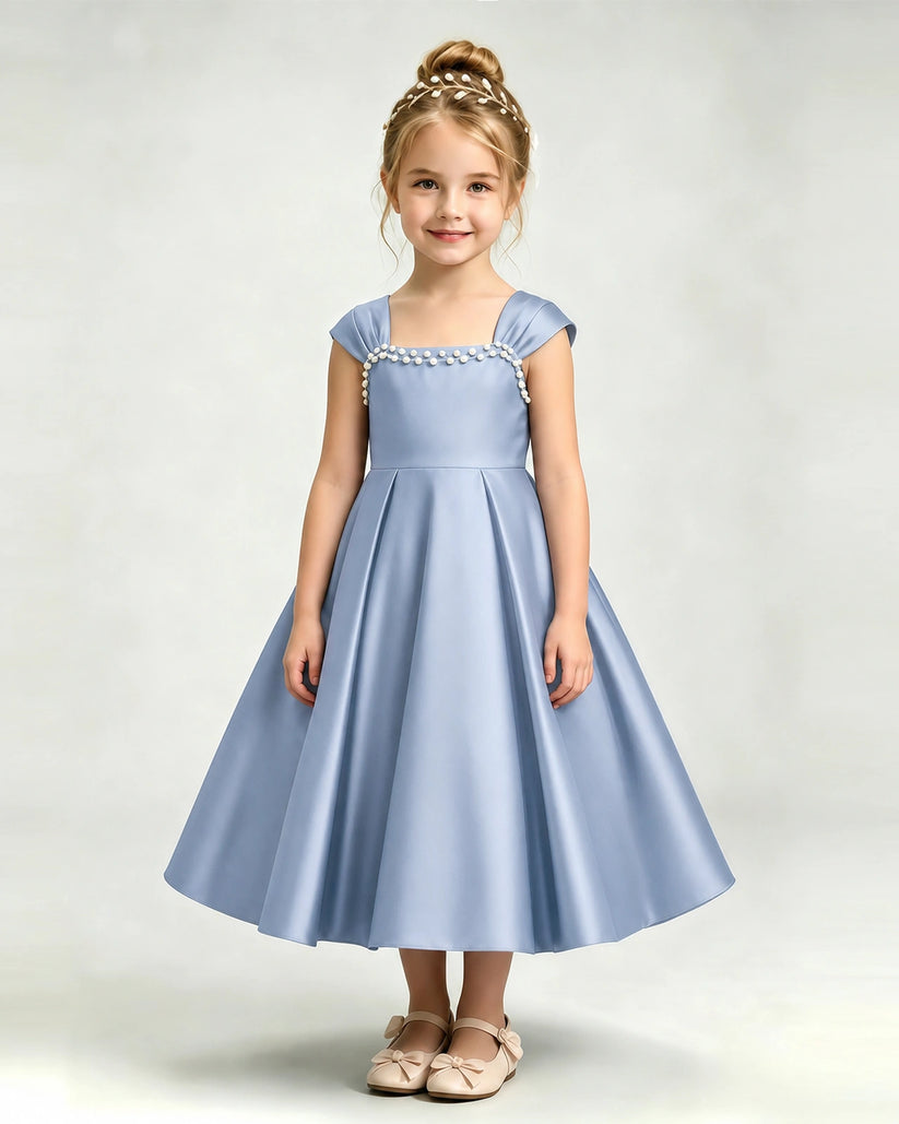 Dusty Blue Satin A-line Girls Formal Dress Front View