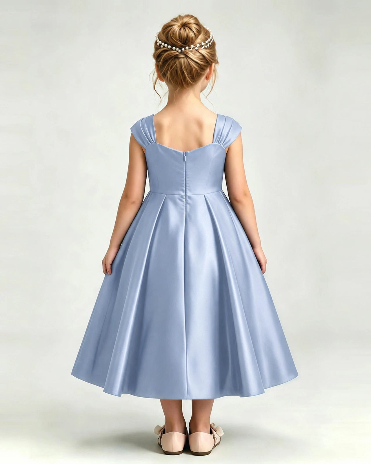 Dideyttawl Champagne Flower Girl Dress | Cap Sleeve Pearl Satin Midi Ball Gown