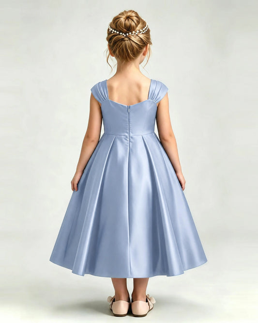 Dusty Blue Satin A-line Girls Formal Dress Back View