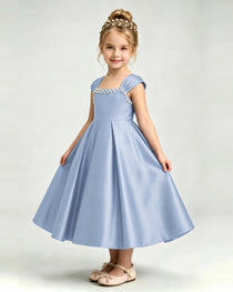 Dideyttawl Champagne Girls Formal Dress Cap Sleeve Pearl Satin Midi Ball Gown