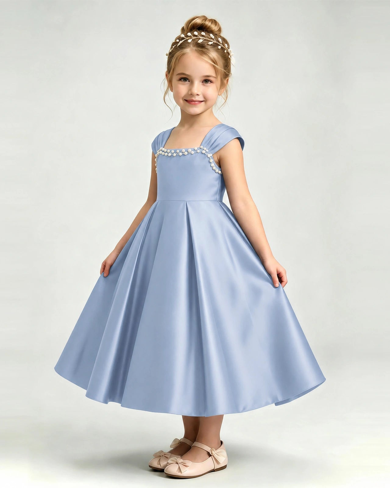 Dideyttawl Champagne Girls Formal Dress Cap Sleeve Pearl Satin Midi Ball Gown