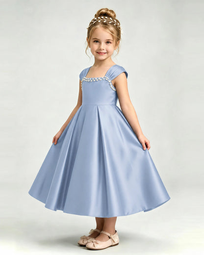 Dideyttawl Champagne Flower Girl Dress | Cap Sleeve Pearl Satin Midi Ball Gown