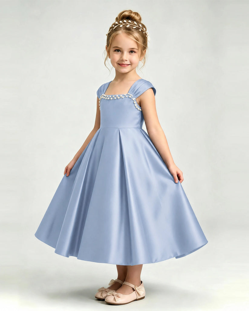 Dusty Blue Satin A-line Girls Formal Dress Front View