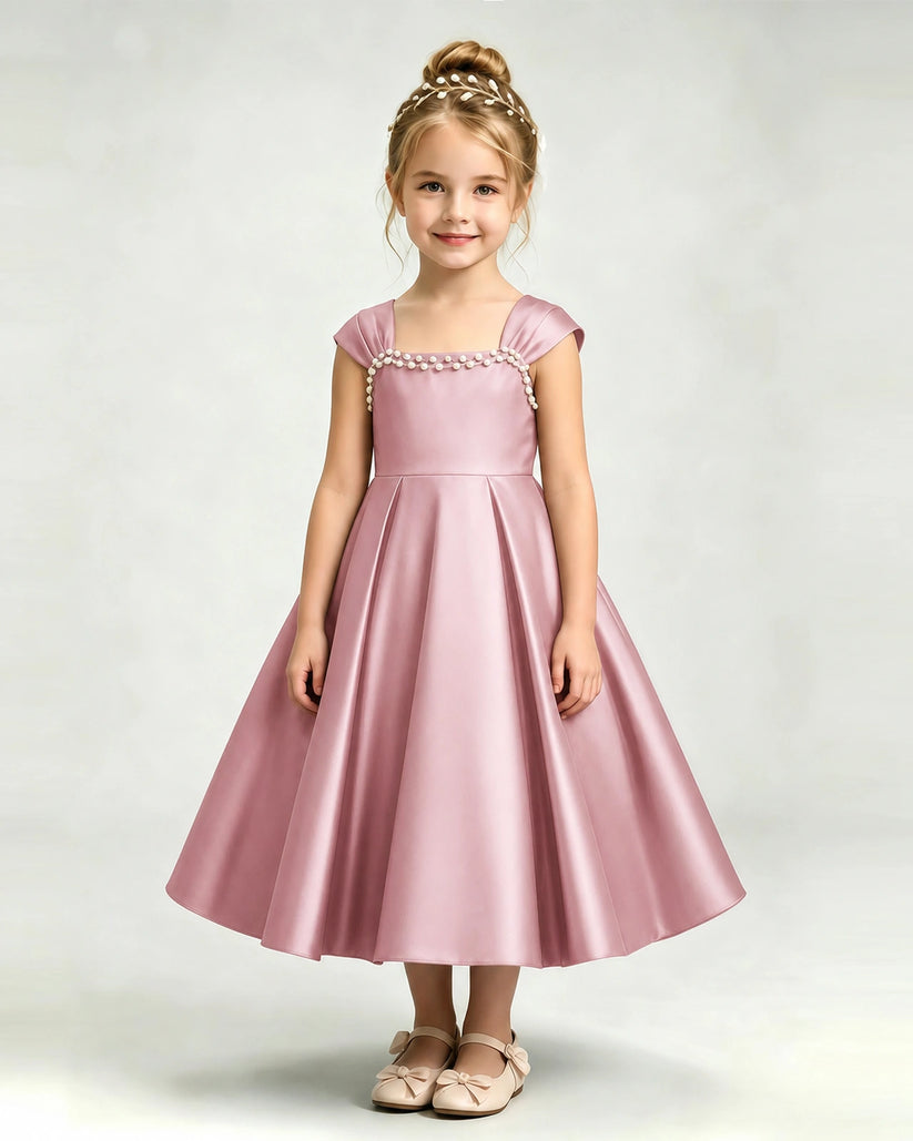 Dusty Rose Satin A-line Girls Formal Dress Front View