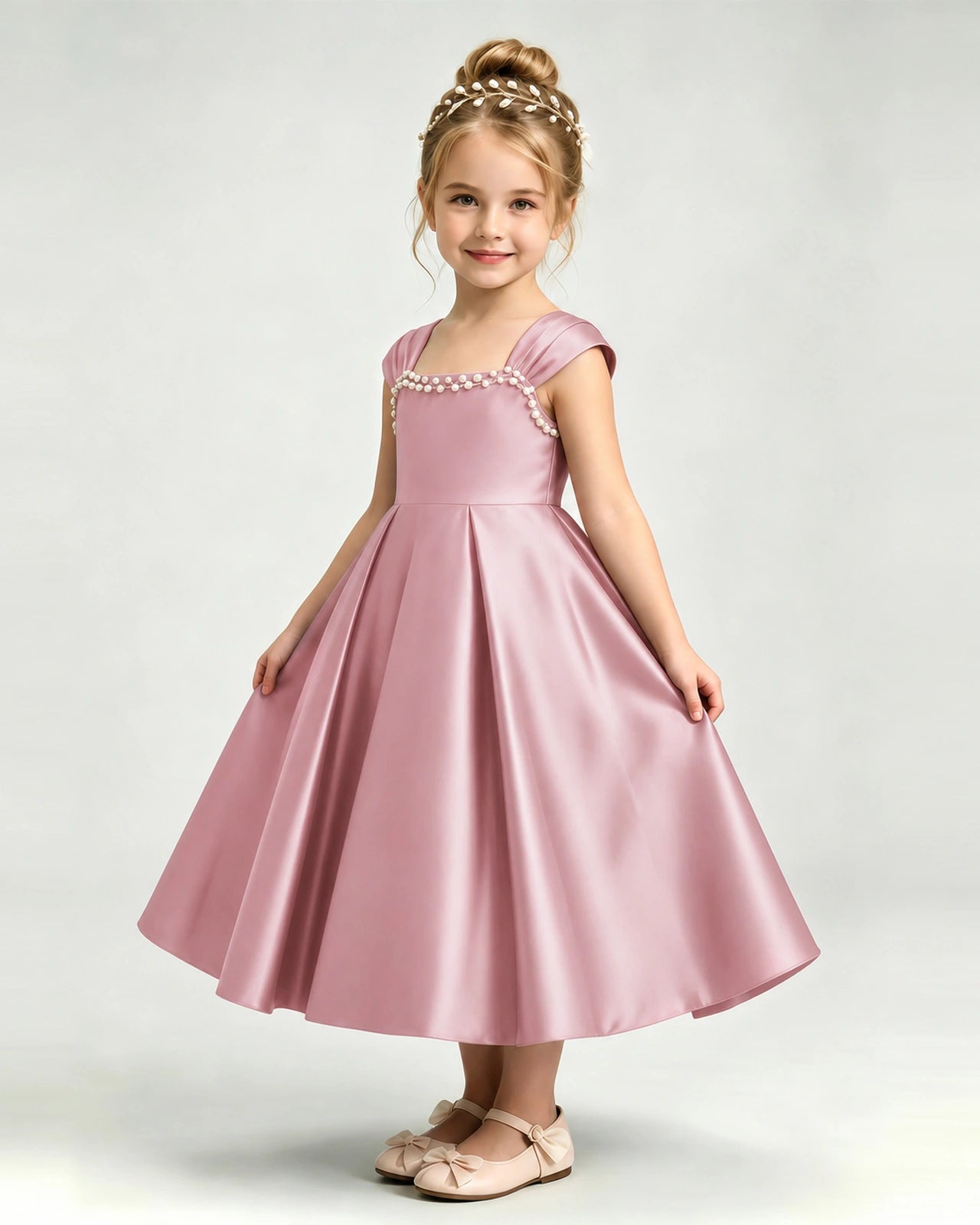 Dideyttawl Champagne Flower Girl Dress | Cap Sleeve Pearl Satin Midi Ball Gown