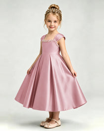Dideyttawl Champagne Girls Formal Dress Cap Sleeve Pearl Satin Midi Ball Gown