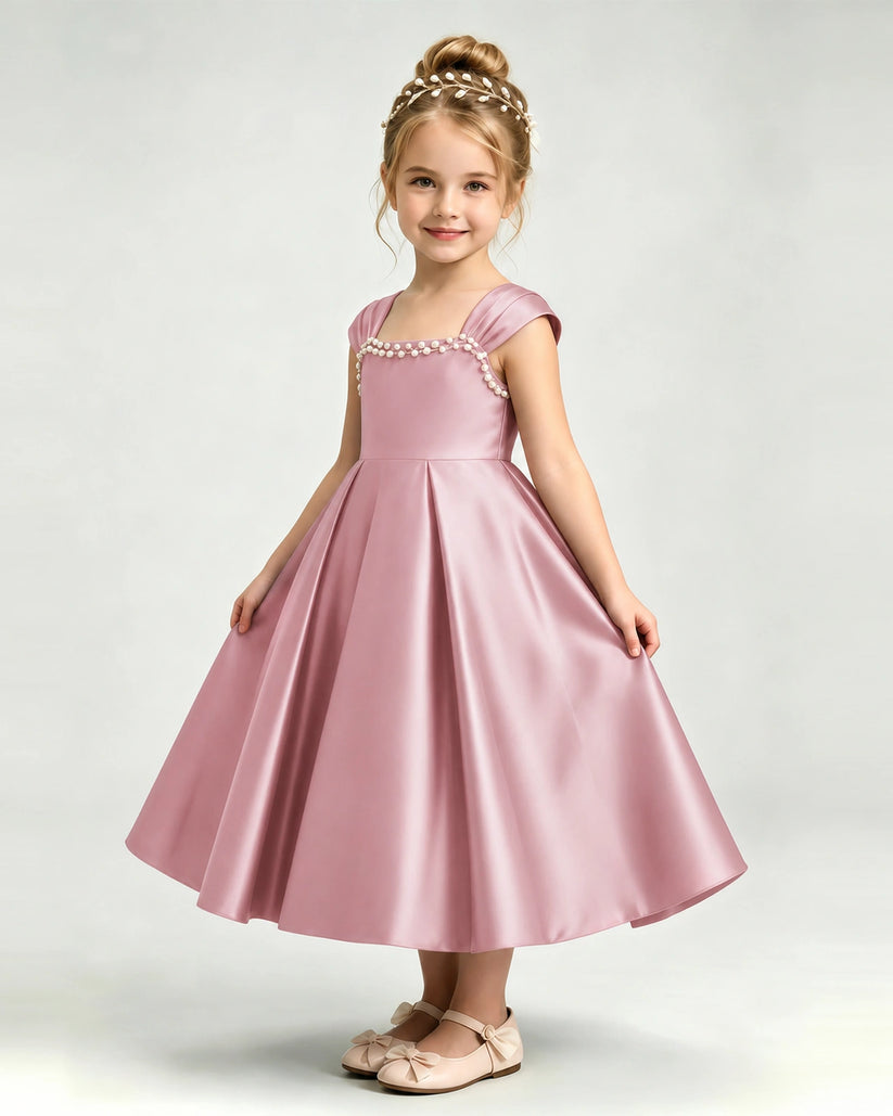 Dusty Rose Satin A-line Girls Formal Dress Front View