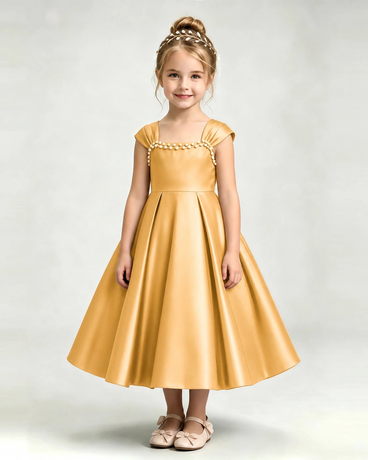 Dideyttawl Champagne Flower Girl Dress | Cap Sleeve Pearl Satin Midi Ball Gown