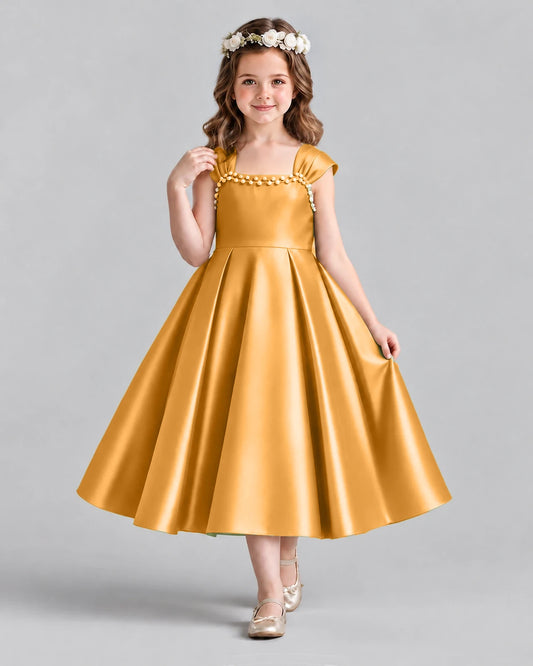 Gold Satin A-line Girls Formal Dress Front View