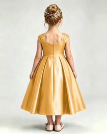Dideyttawl Champagne Girls Formal Dress Cap Sleeve Pearl Satin Midi Ball Gown