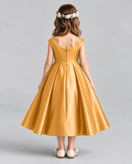 Gold Satin A-line Girls Formal Dress Back View