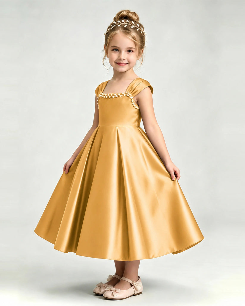 Gold Satin A-line Girls Formal Dress Front View