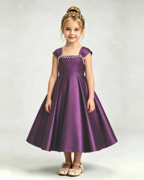 Dideyttawl Champagne Girls Formal Dress Cap Sleeve Pearl Satin Midi Ball Gown