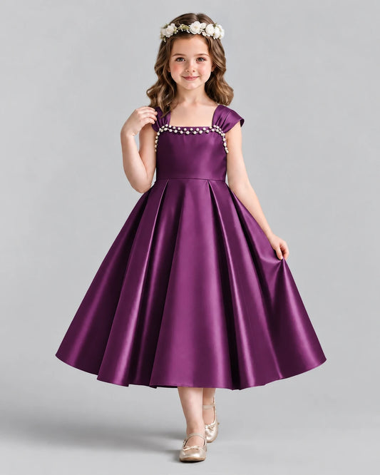 Grape Satin A-line Girls Formal Dress Front View