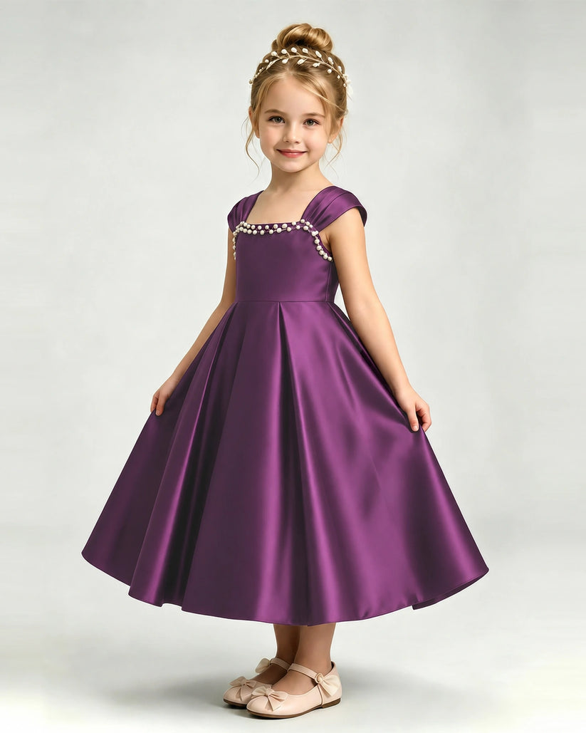 Grape Satin A-line Girls Formal Dress Front View