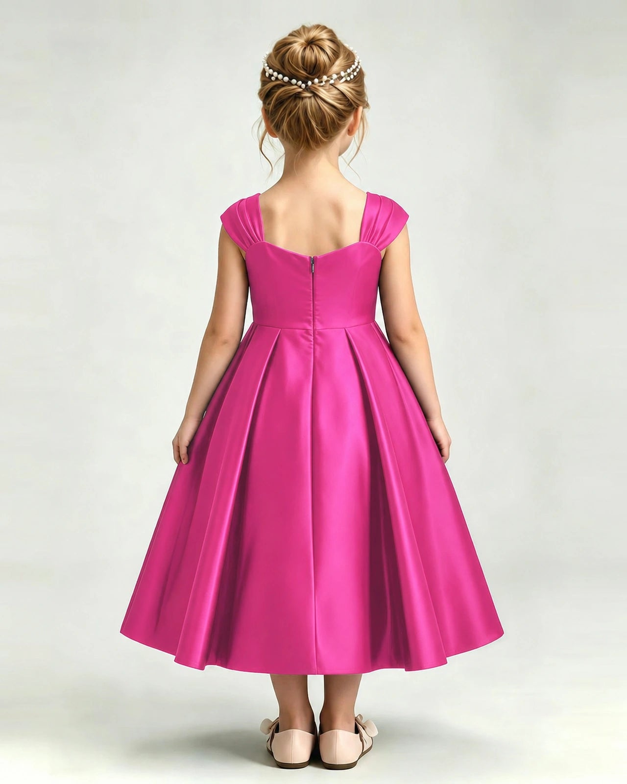 Dideyttawl Champagne Flower Girl Dress | Cap Sleeve Pearl Satin Midi Ball Gown