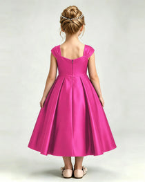 Dideyttawl Champagne Girls Formal Dress Cap Sleeve Pearl Satin Midi Ball Gown