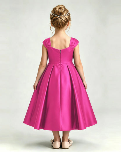 Dideyttawl Champagne Flower Girl Dress | Cap Sleeve Pearl Satin Midi Ball Gown