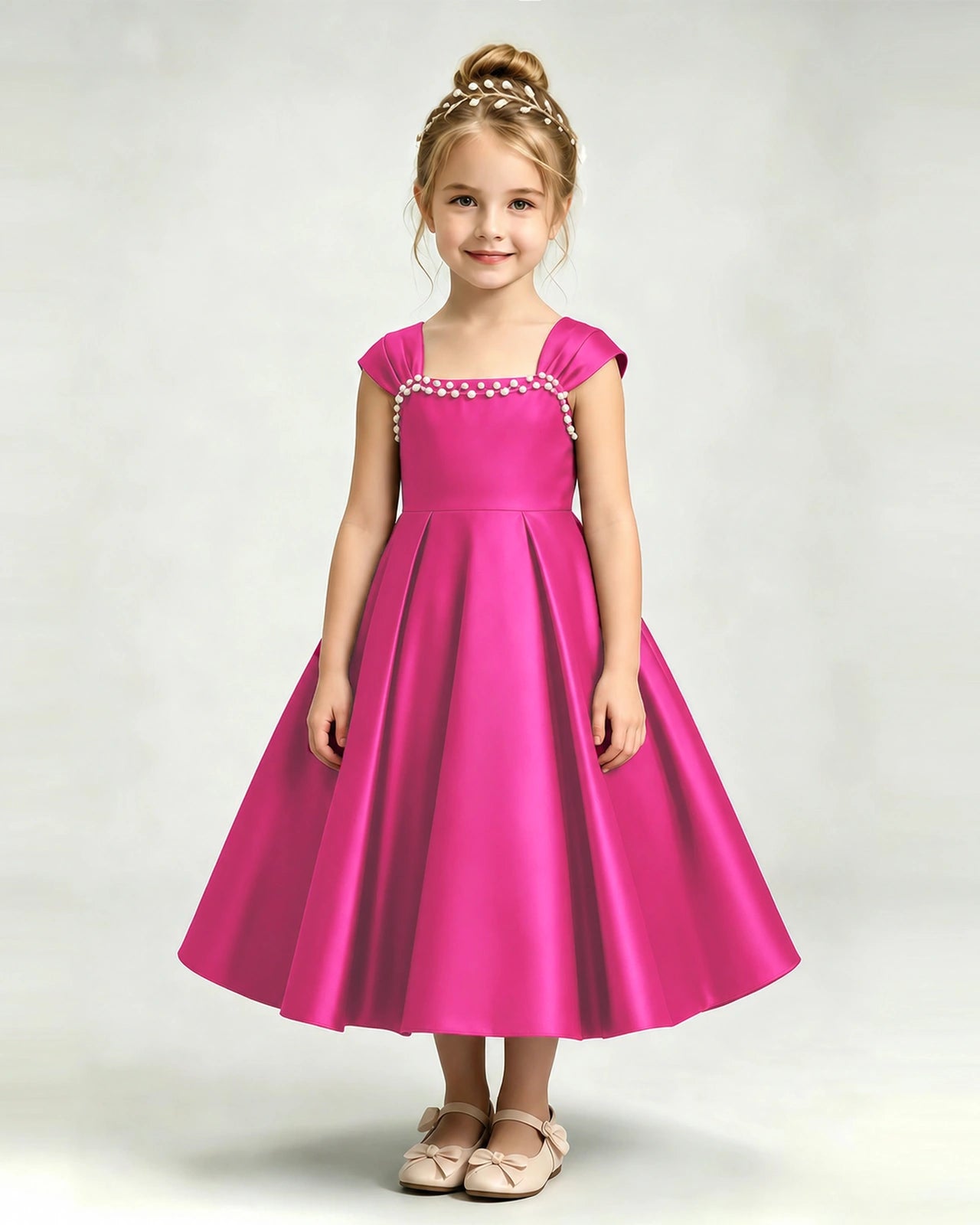 Dideyttawl Champagne Girls Formal Dress Cap Sleeve Pearl Satin Midi Ball Gown
