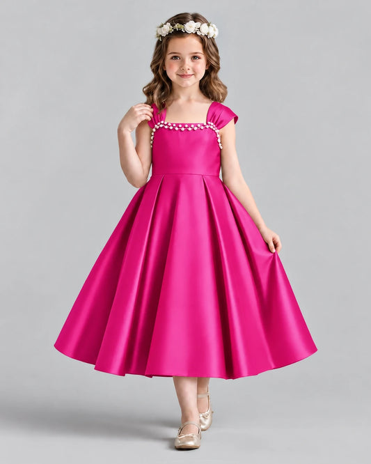 Hot Pink Satin A-line Girls Formal Dress Front View