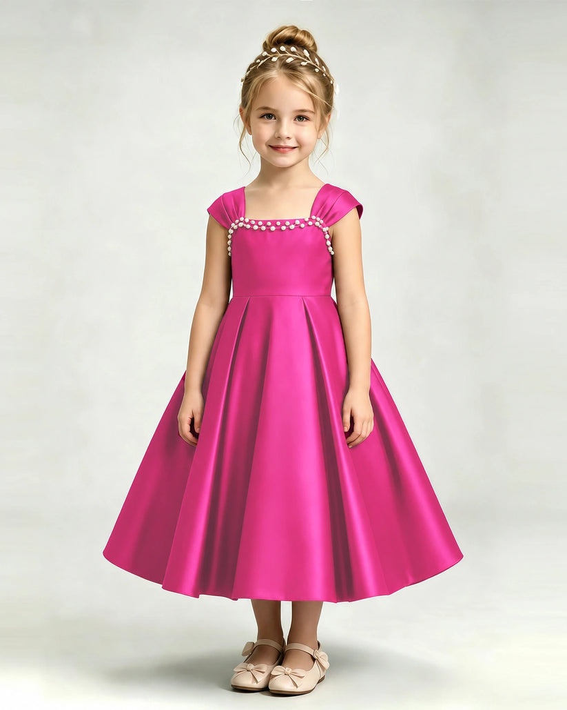 Hot Pink Satin A-line Girls Formal Dress Front View