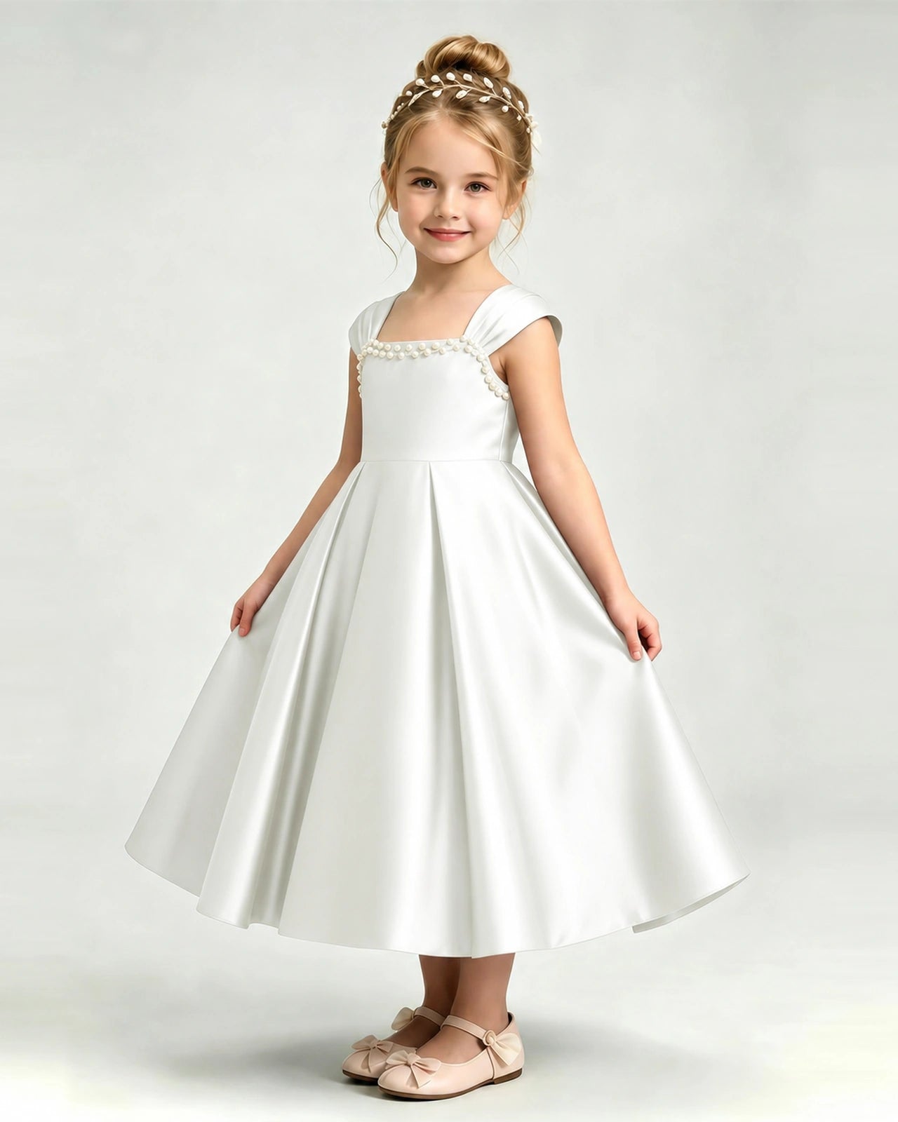 Dideyttawl Champagne Flower Girl Dress | Cap Sleeve Pearl Satin Midi Ball Gown