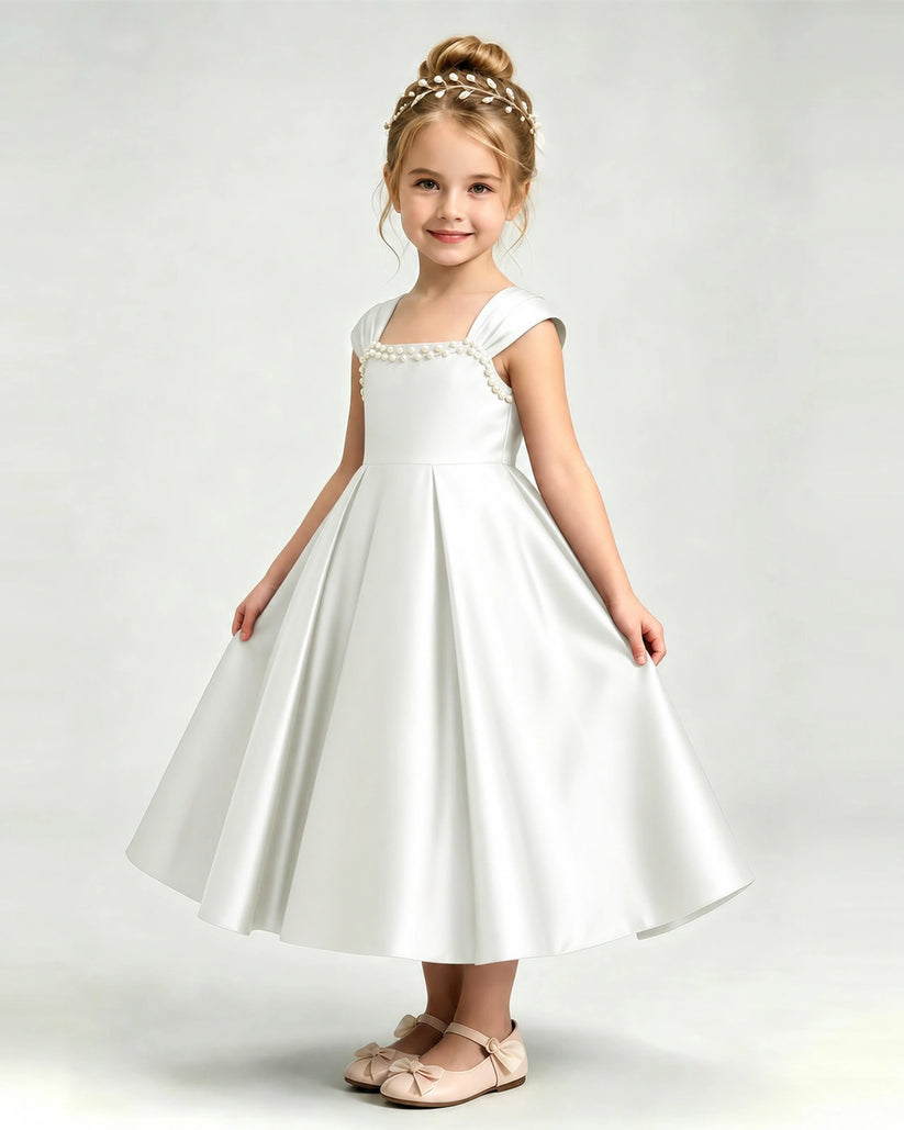 Ivory Satin A-line Girls Formal Dress Front View