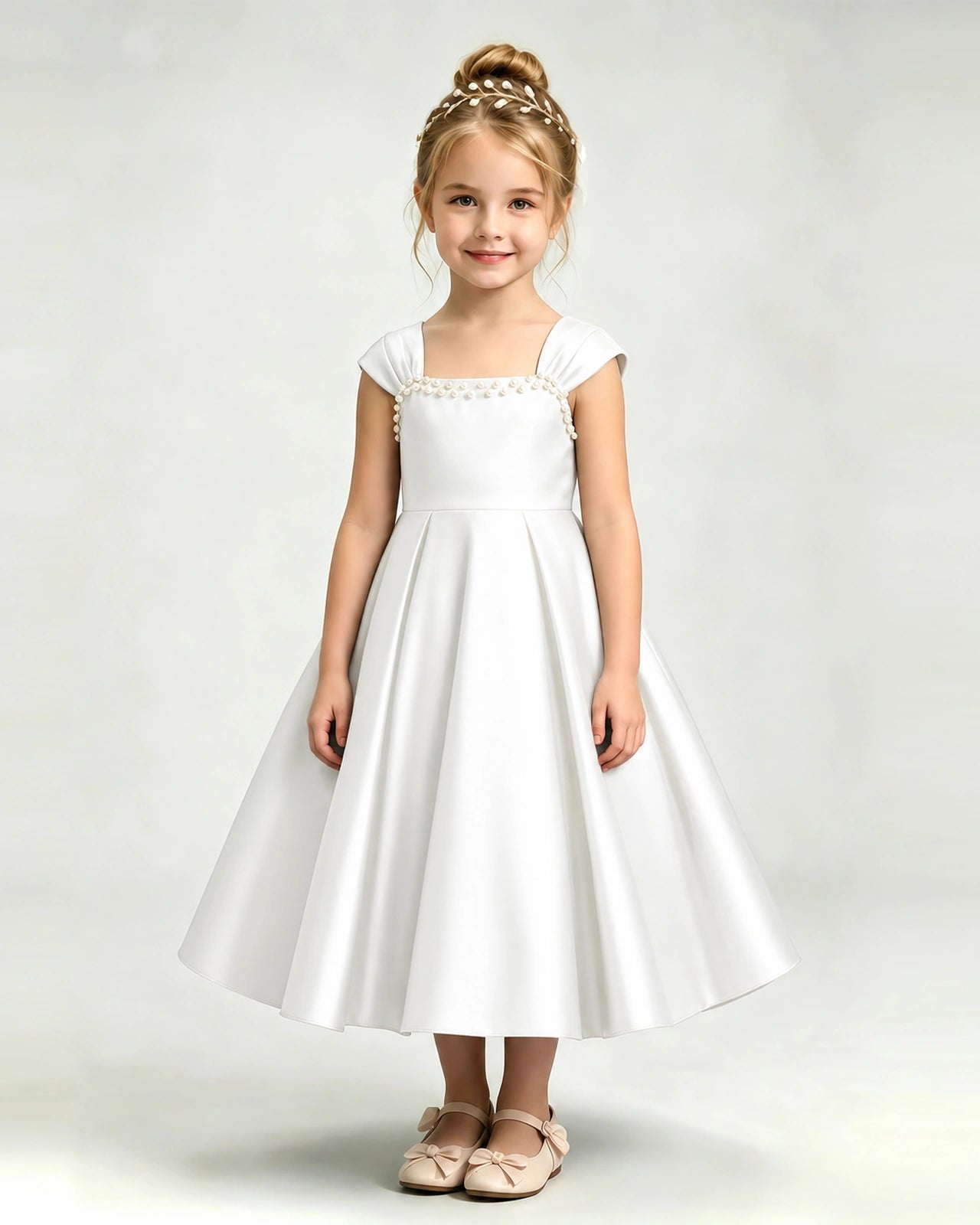 Dideyttawl Champagne Flower Girl Dress | Cap Sleeve Pearl Satin Midi Ball Gown