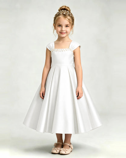 Dideyttawl Champagne Flower Girl Dress | Cap Sleeve Pearl Satin Midi Ball Gown