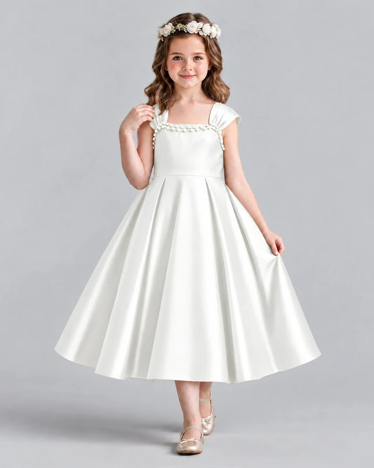 Ivory Satin A-line Girls Formal Dress Front View