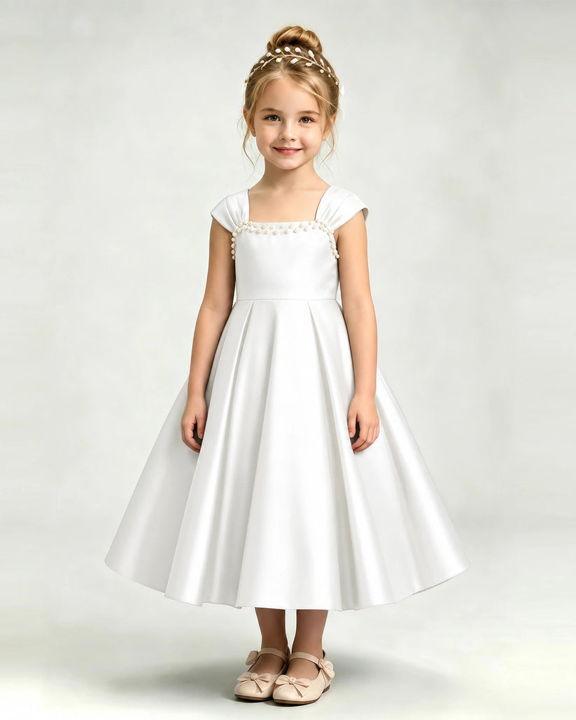 Ivory Satin A-line Girls Formal Dress Front View