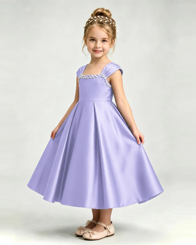 Lavender Satin A-line Girls Formal Dress Front View