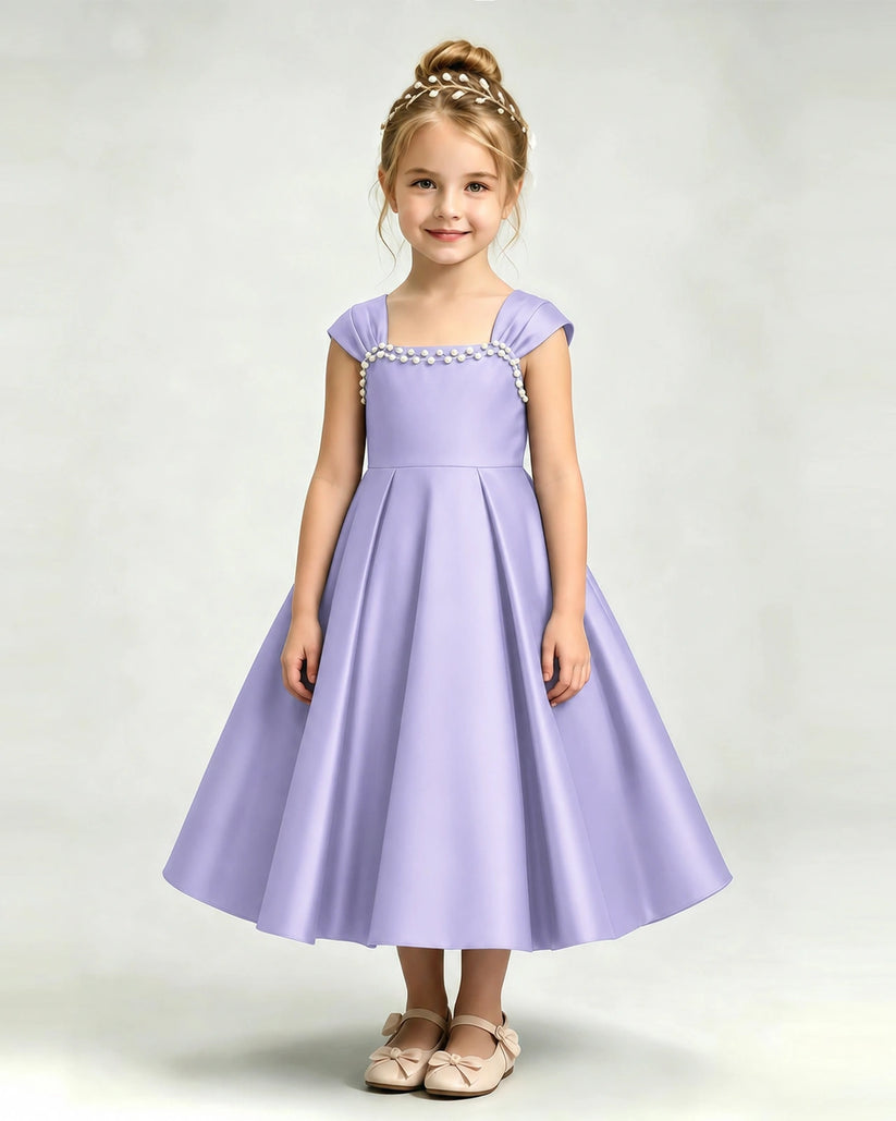 Lavender Satin A-line Girls Formal Dress Front View
