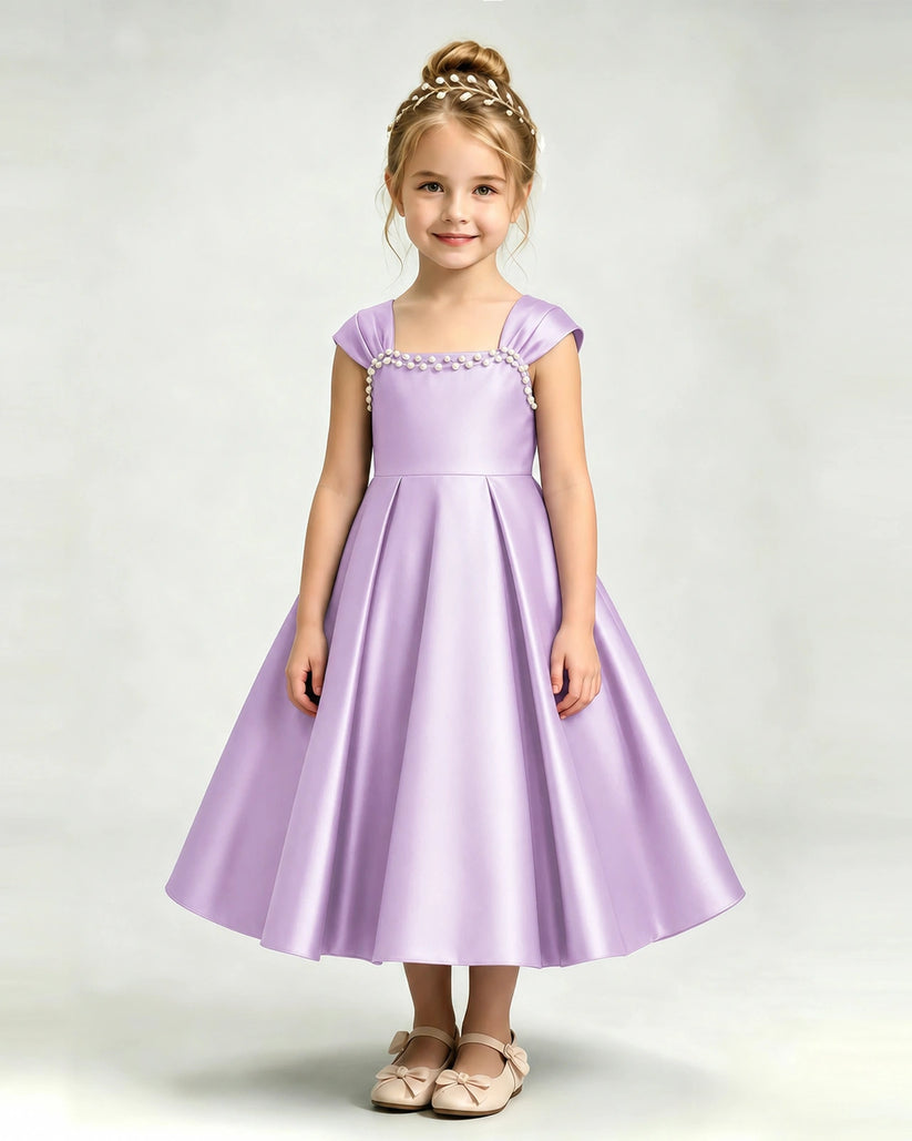 Lilac Satin A-line Girls Formal Dress Front View