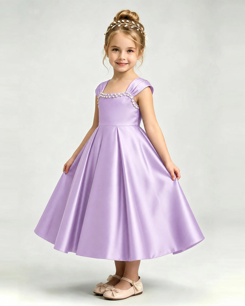 Lilac Satin A-line Girls Formal Dress Front View